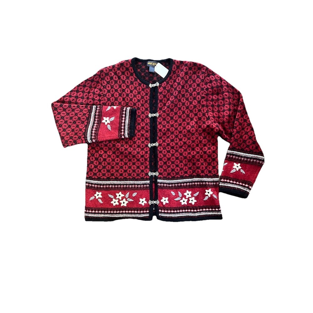 Vintage Woolrich Sweater XL Wool Red Clasp Front Cardigan Floral‎ Womens Grandma